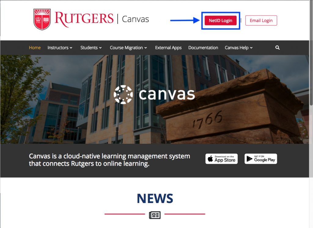 Canvas homepage with NetID login highlighted