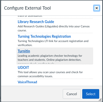 selecting turnitin on the configure external tool screen