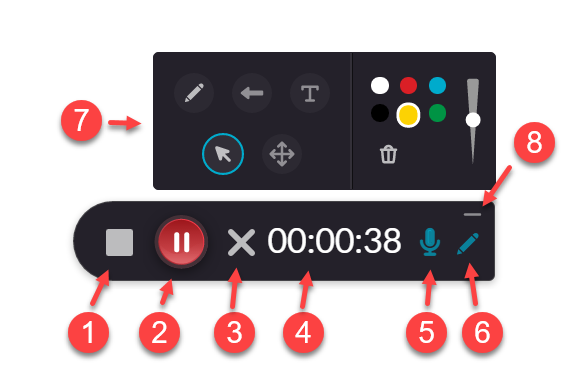 recording controls labeled with numbers from the list below