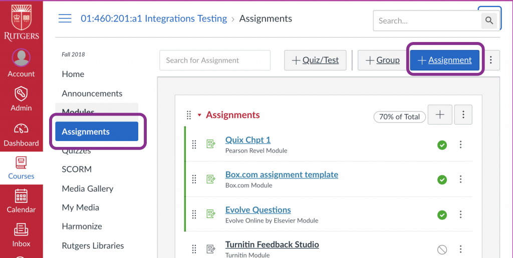 Assignments and +Assignments highlighted