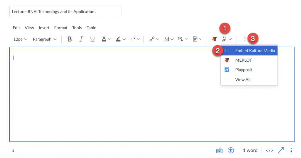 Canvas rich content editor with Apps menu expanded and Embed Kaltura Media highlighted