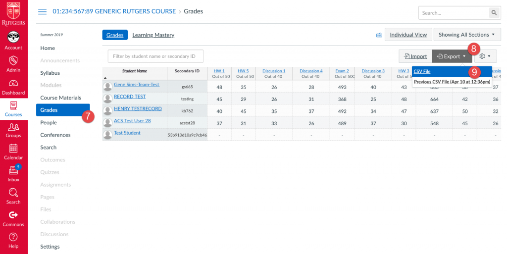 Canvas Gradebook with highlights to export as CSV