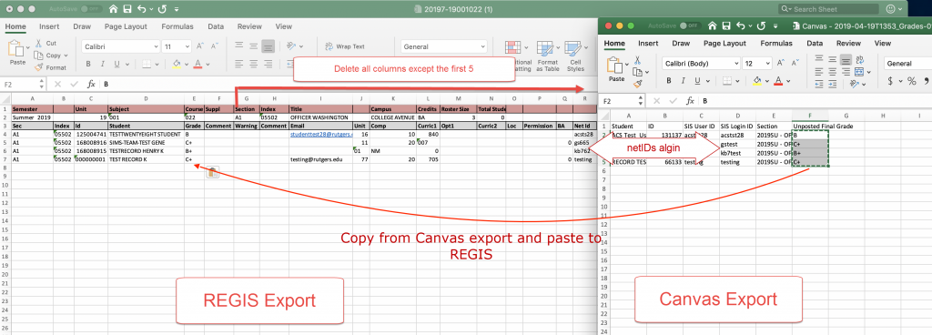 MS Excel spreadsheets showing NetIDs align and highlight data to copy