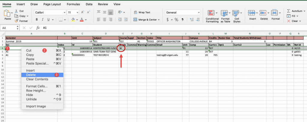 Sample roster showing student with W grade