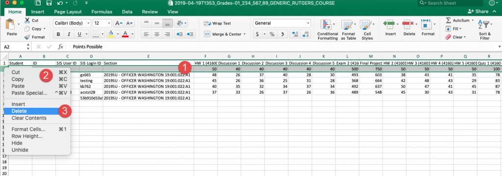 Canvas gradebook export in MS Excel with row highlighted