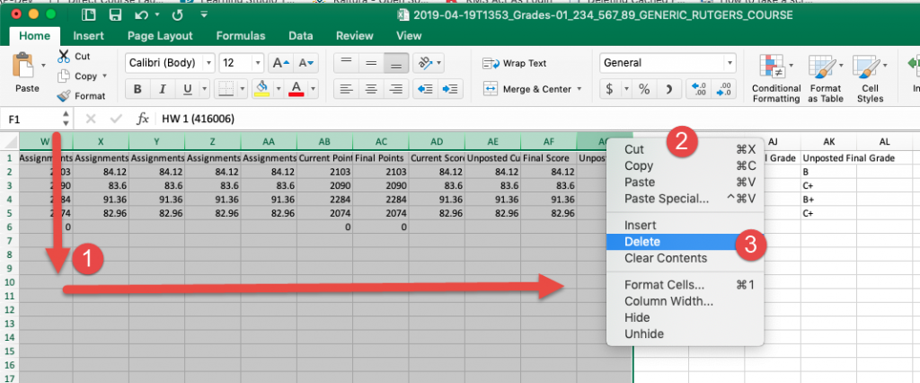 Canvas gradebook export in MSExcel with all assignment columns highlight 