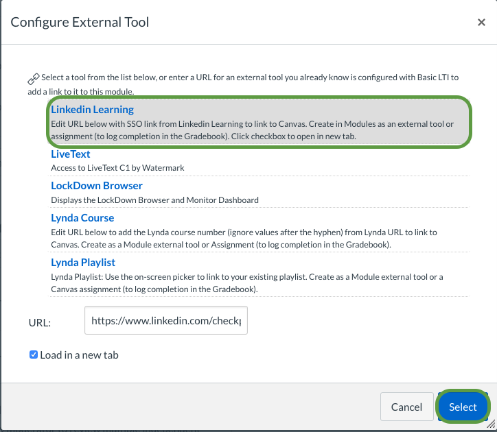 Configure External Tool window with Linkedin Learning highlighted.