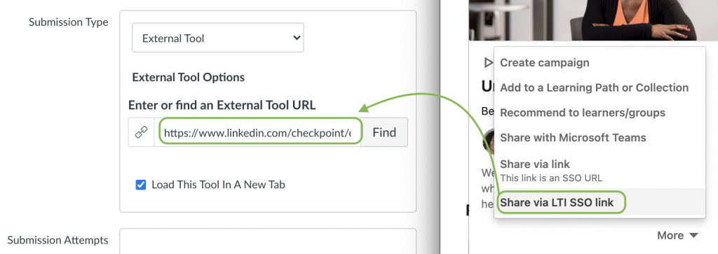 Linkedin Learning SSO LTI URL is pasted into external tool URL field in Canvas assignment