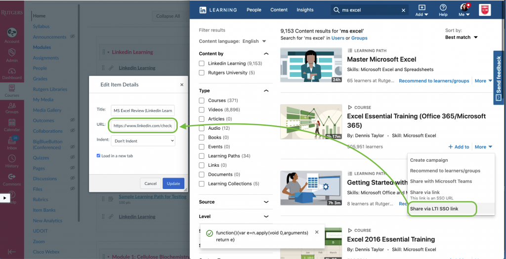 Linkedin learning LTI SSO url is highlighted and Canvas edit item details dialog is open