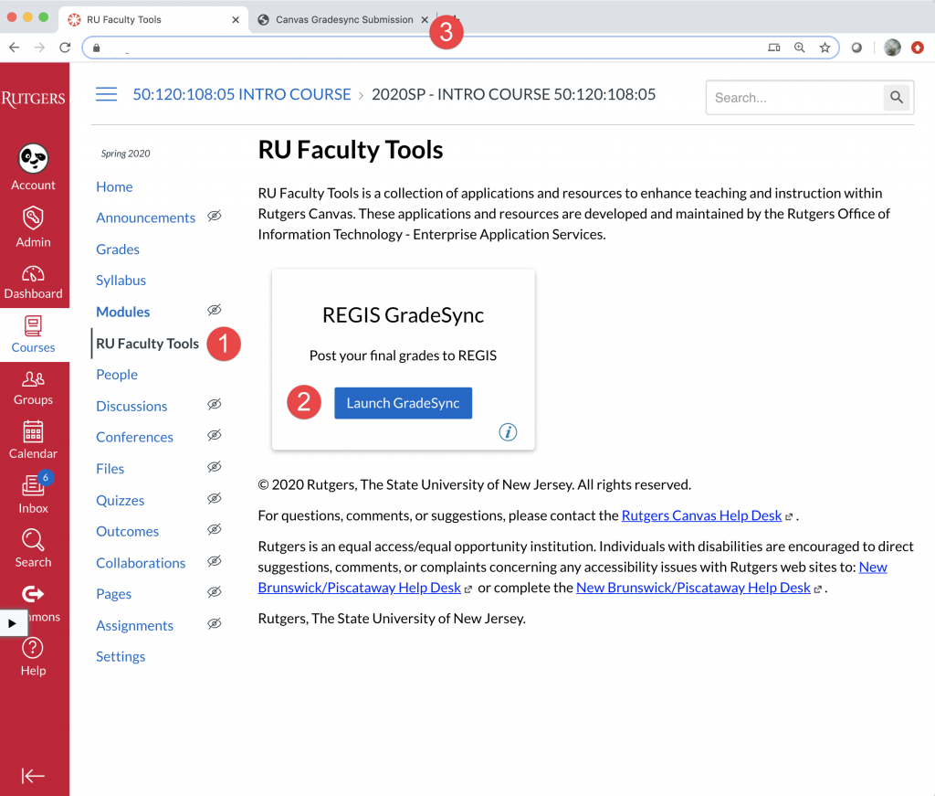 RU Faculty Tools homepage with callouts for course navigation and launch gradeSync