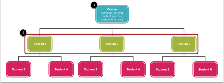 hierarchy illustration of how canvas course (1), sections (2), and students are related.
