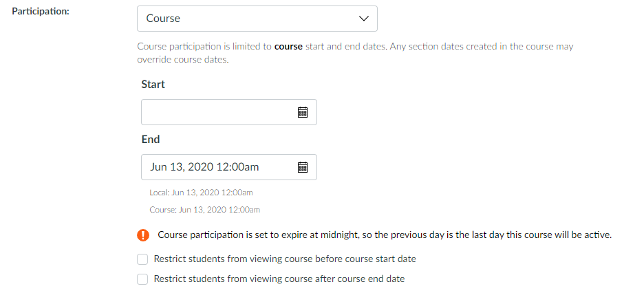 Screenshot of canvas course date settings without dates.