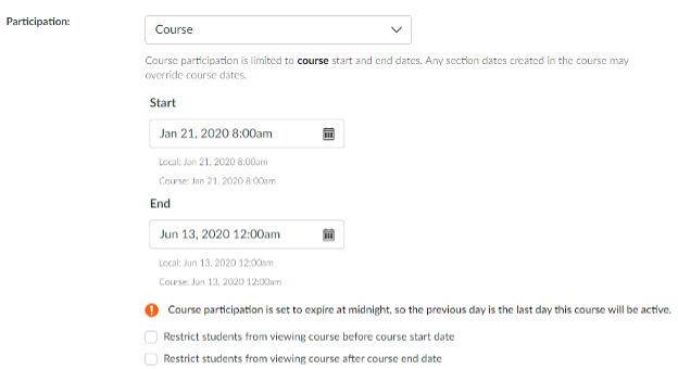 Screenshot of canvas course date settings.
