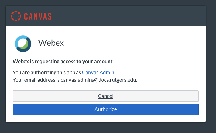 Canvas pop-up to authorize access