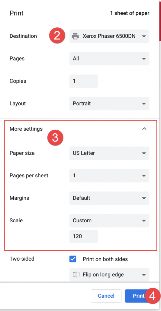more settings in Print dialog highlighted