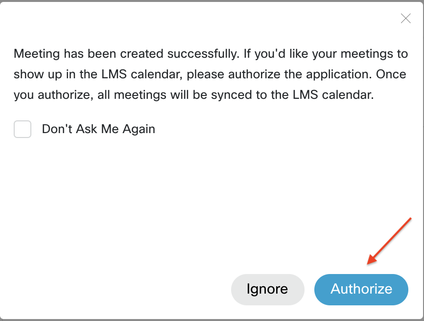 Webex pop-up window to authorize calendar feature