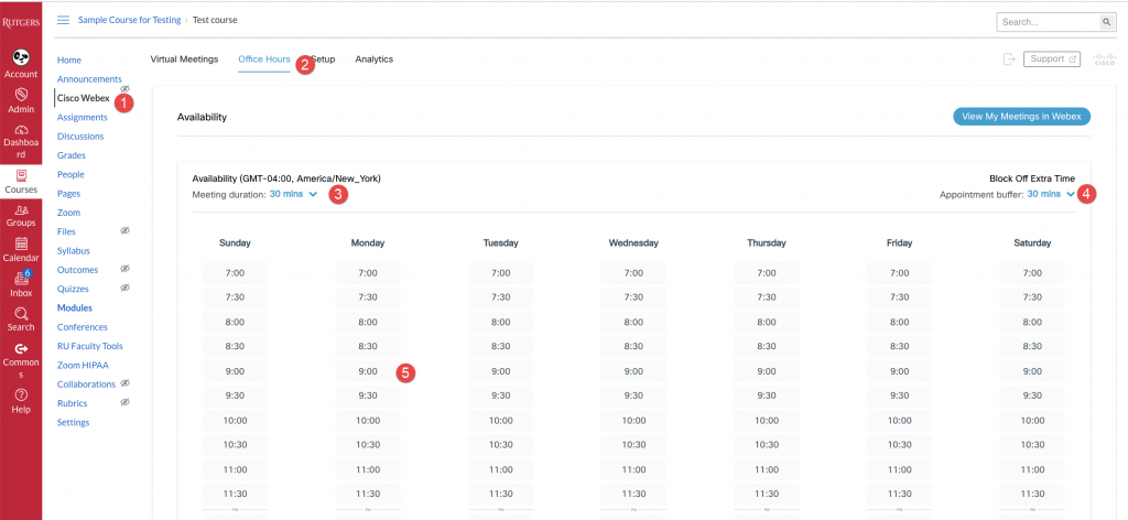 Webex office hours configuration panel