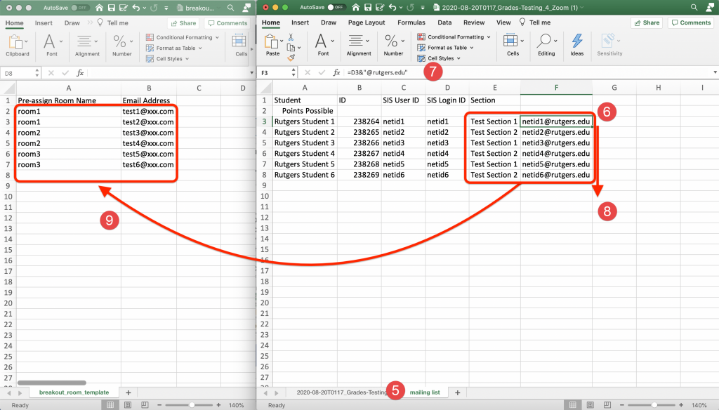 Excel spreadsheet showing the steps outlined to create email addresses