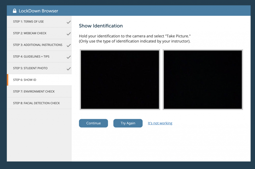 Sample Respondus monitor screen with boxes for active web camera feed and statid photo