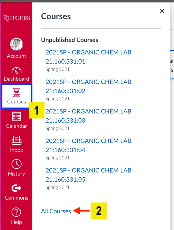 screenshot of canvas menu options highlighting all courses