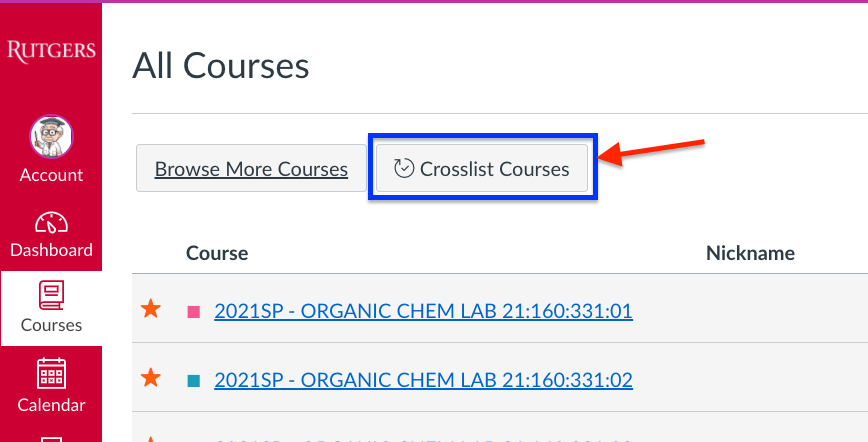 button for cross-list courses tool on All Courses page