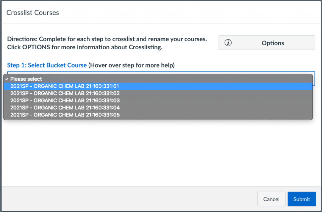 cross-list tool step 1 menu displaying course list