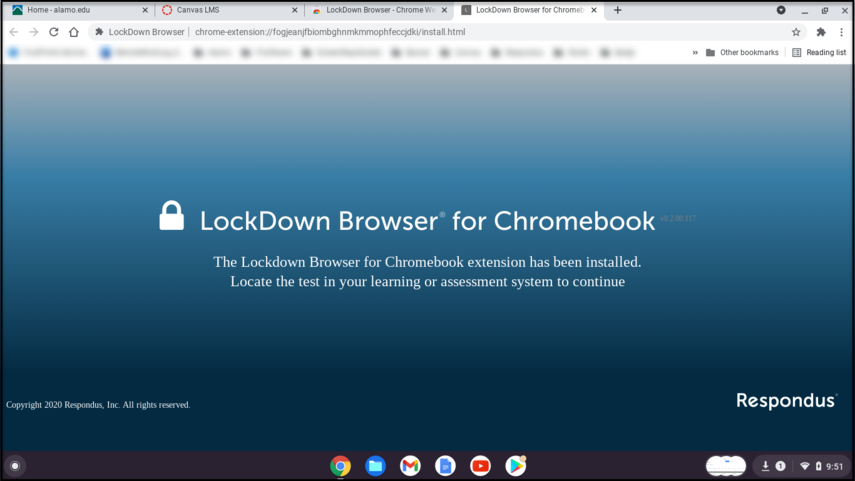 The Lockdown Browser for Chromebook extensions has been installed confirmation screen.