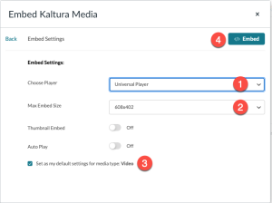 Embed Kaltura Settings menu with options to customize embedded media