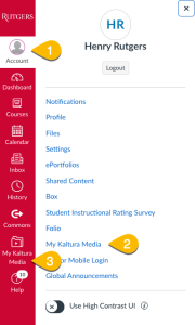 Canvas user account menu expanded to indicate placement of My Kaltura Media