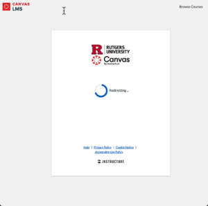 Image with Rutgers and Canvas logo. Loading indicator stating "redirecting."