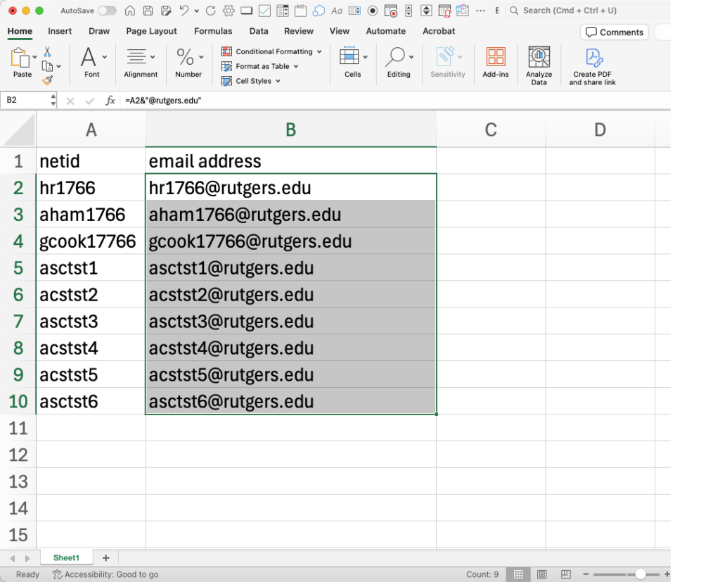 spreadsheet with netid in column a and email addresses as netid@rutgers.edu in column b