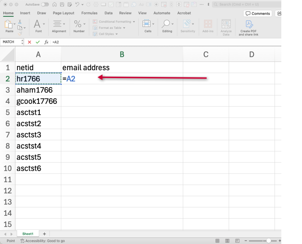 MSExcel cell with an equal sign and refence to the neighboring cell in ii as =A2
