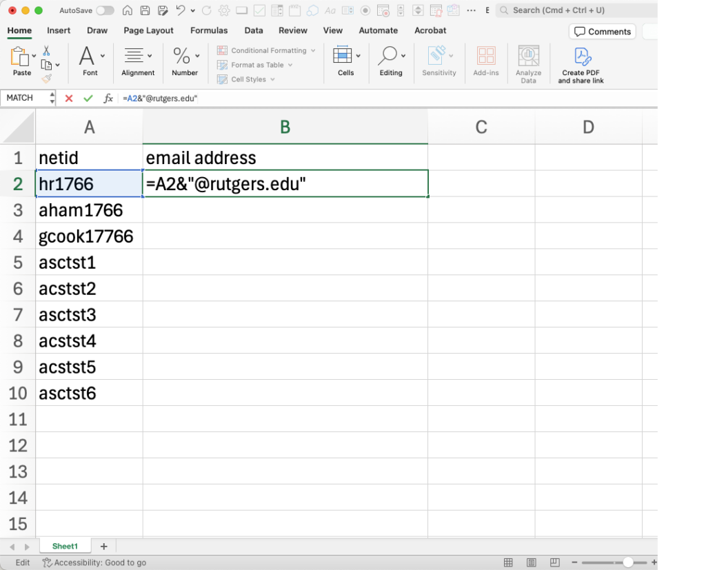 MS Excel cell with netid highlighted in Blue. in cell =A2&"@rutgers.edu" with A2 in blue